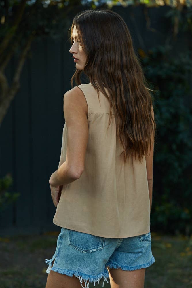Woven Tencel Linen Half Button Down Sleeveless Top