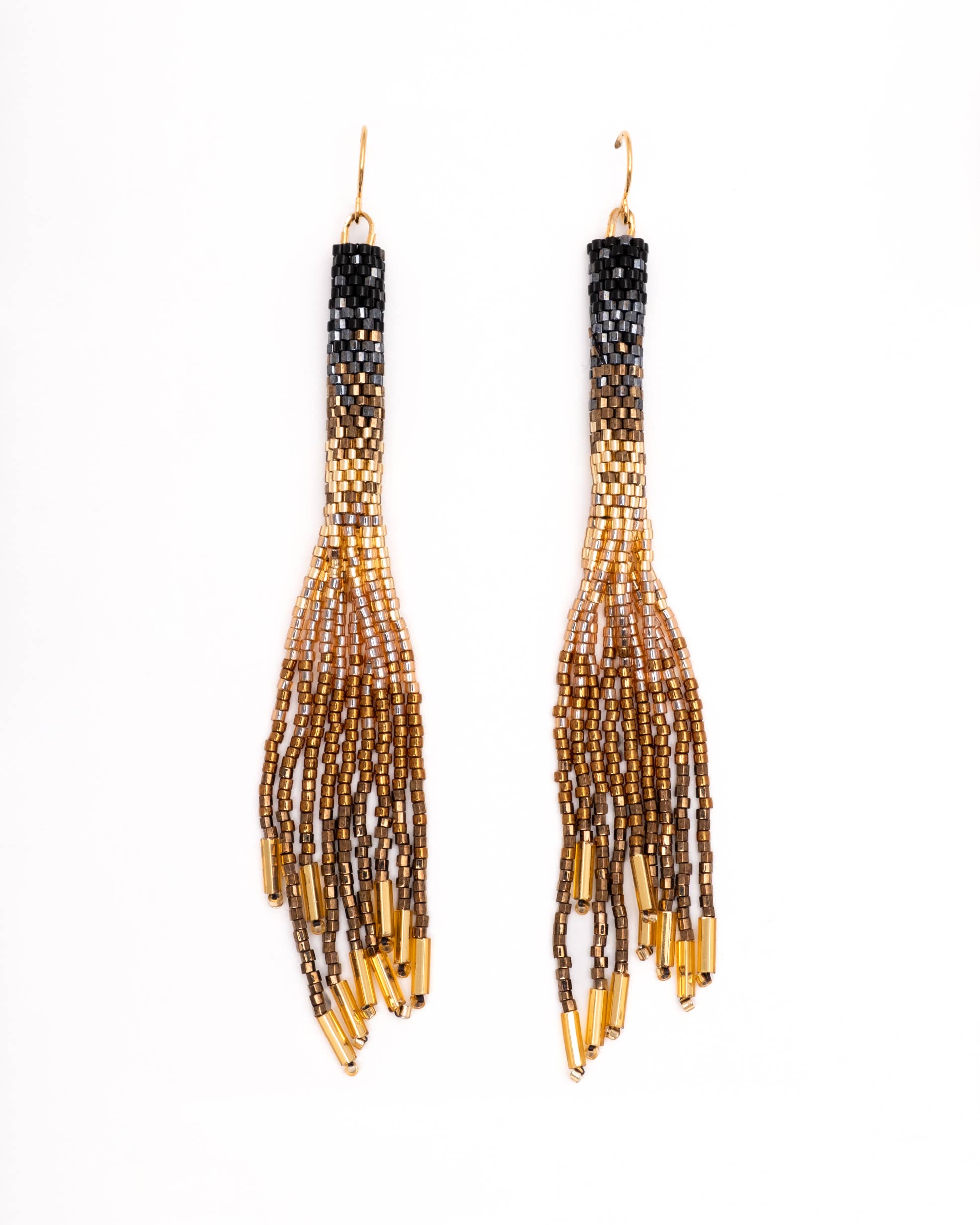 Beaded Handwoven Ombre Tassel Earrings (Black)