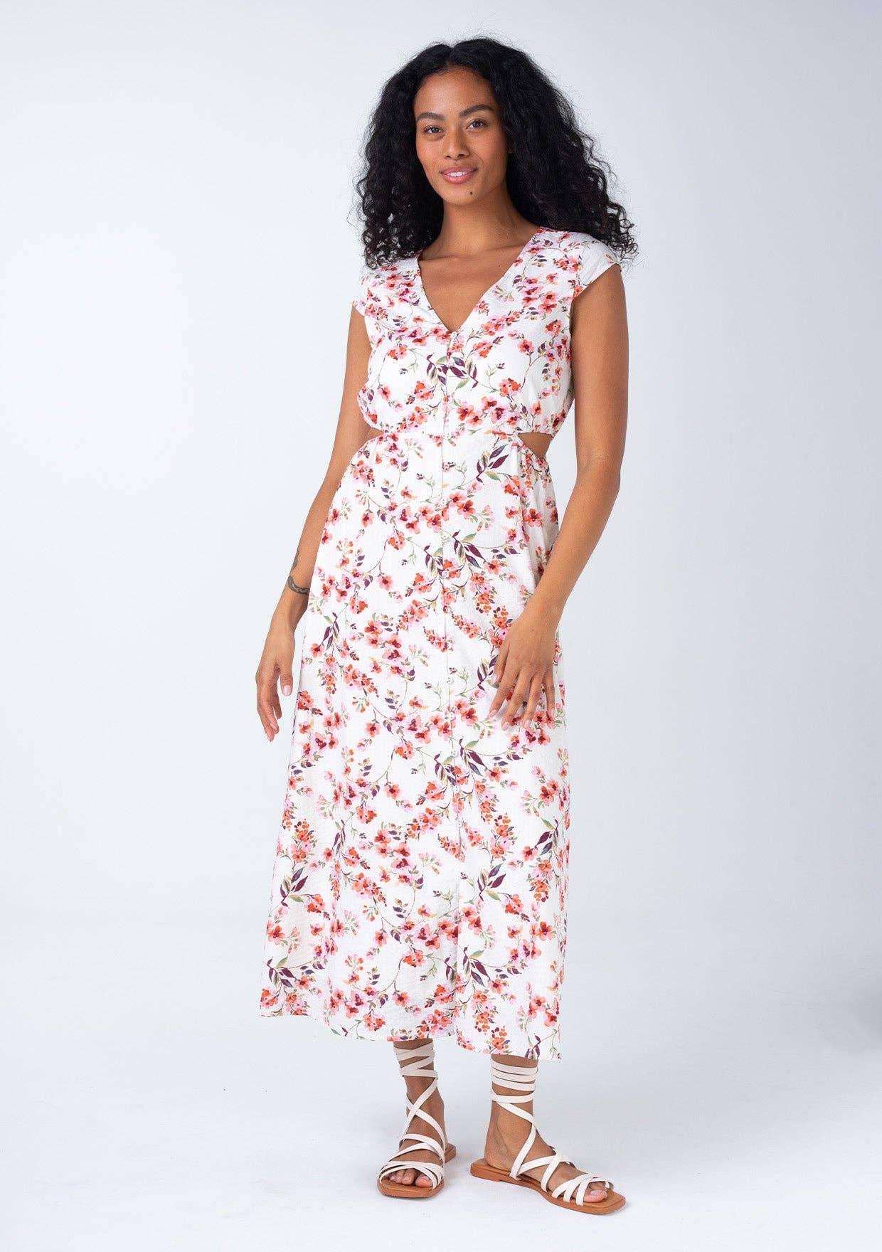 Floral Cap Sleeve Button Down Cut Out Midi Dress