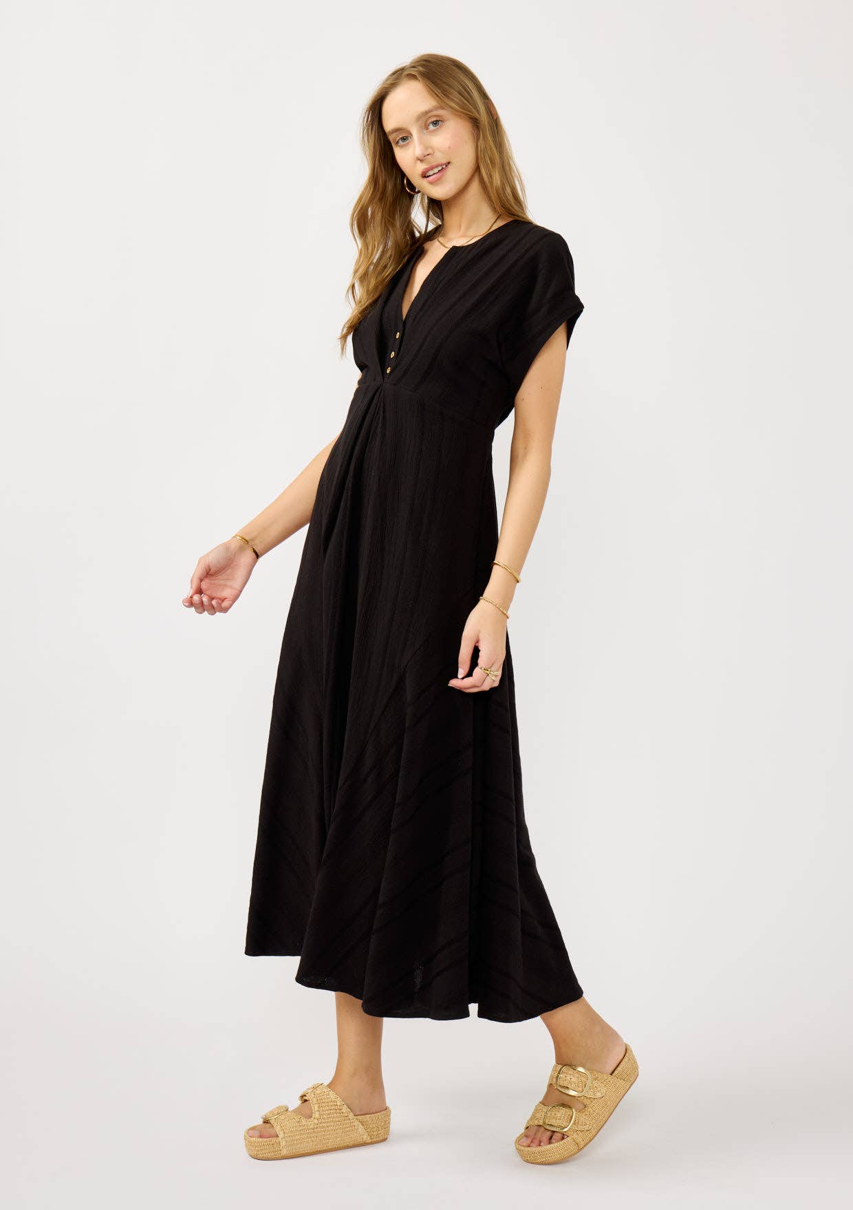 Pleated Panel Button Front Midi Dress