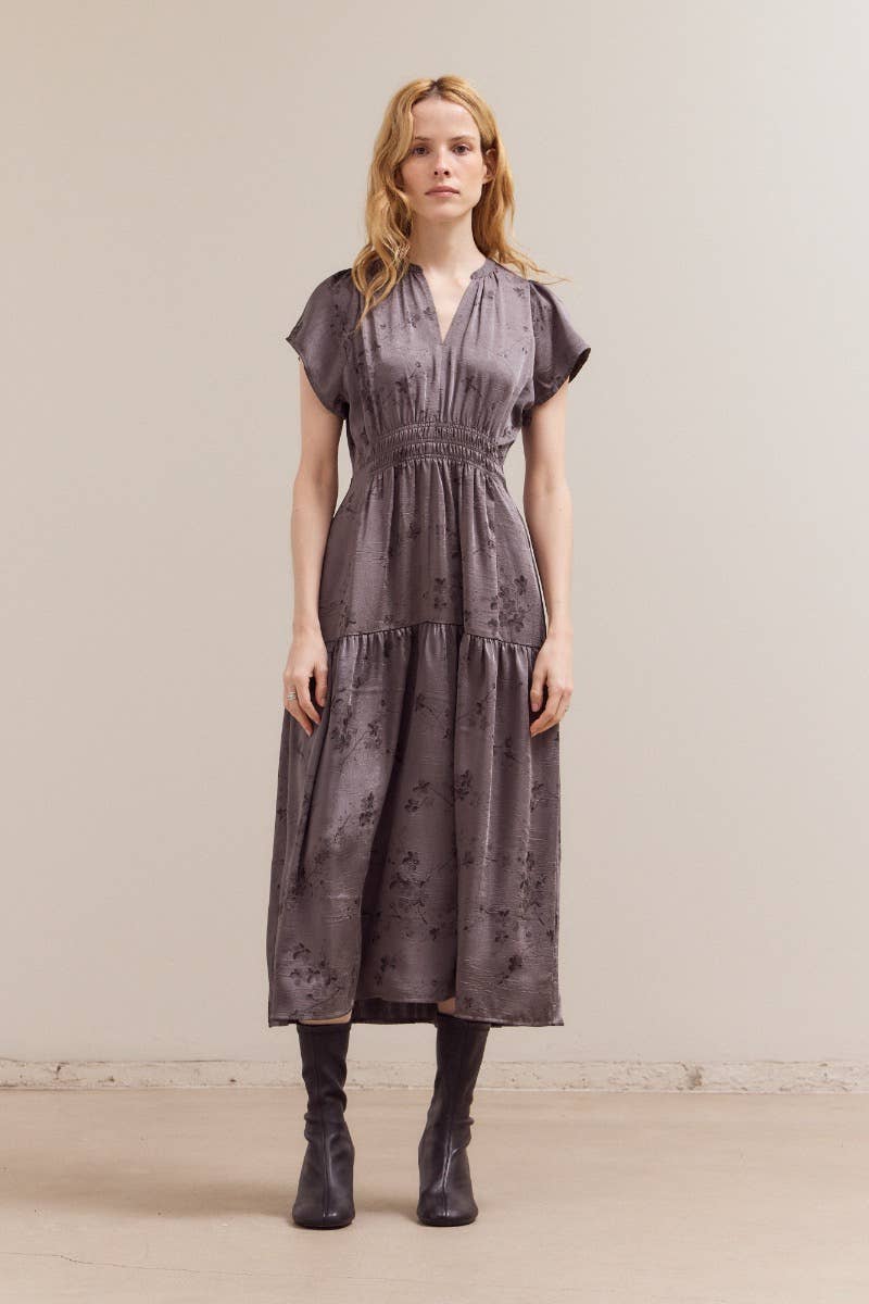 PRINTED RUFFLE MIDI DRESS