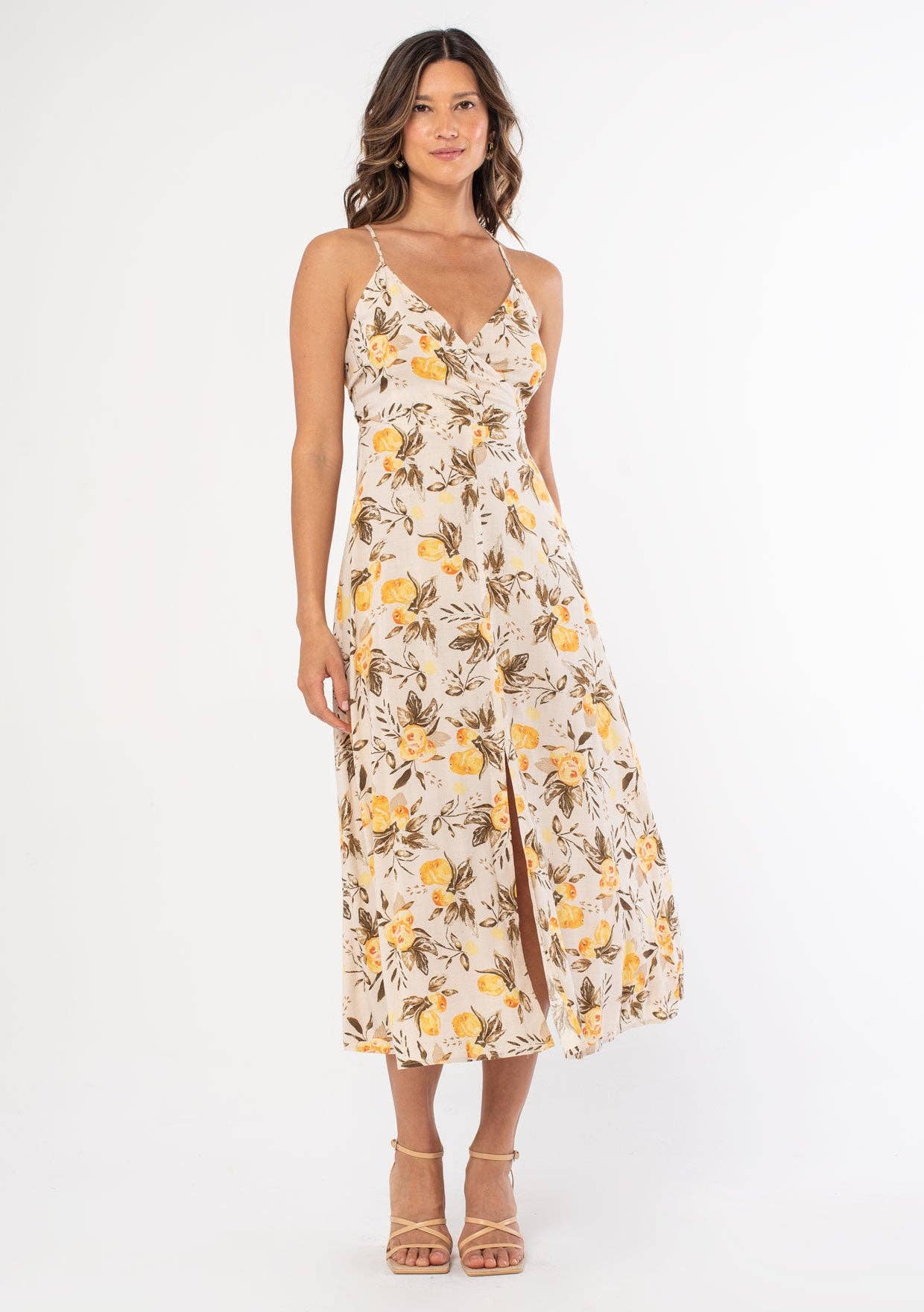 Linen Blend Cross Back Surplice Midi Dress