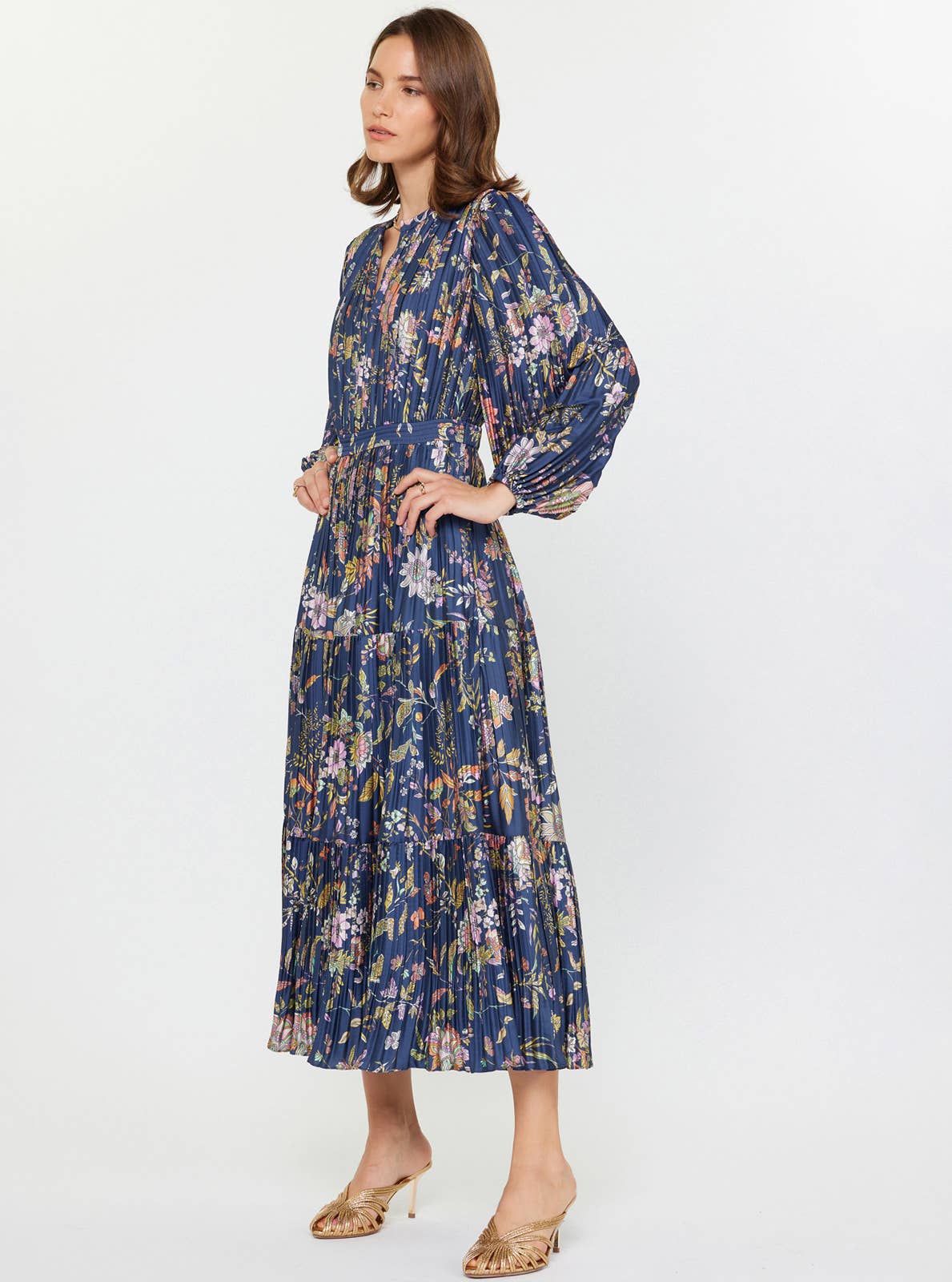 Floral Printed Pleated Long Dress