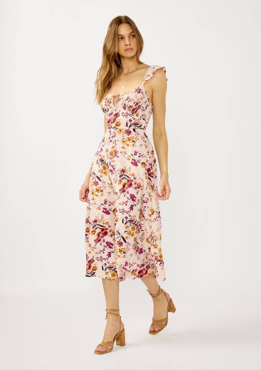Lace-Up Smocked Bodice Midi Dress
