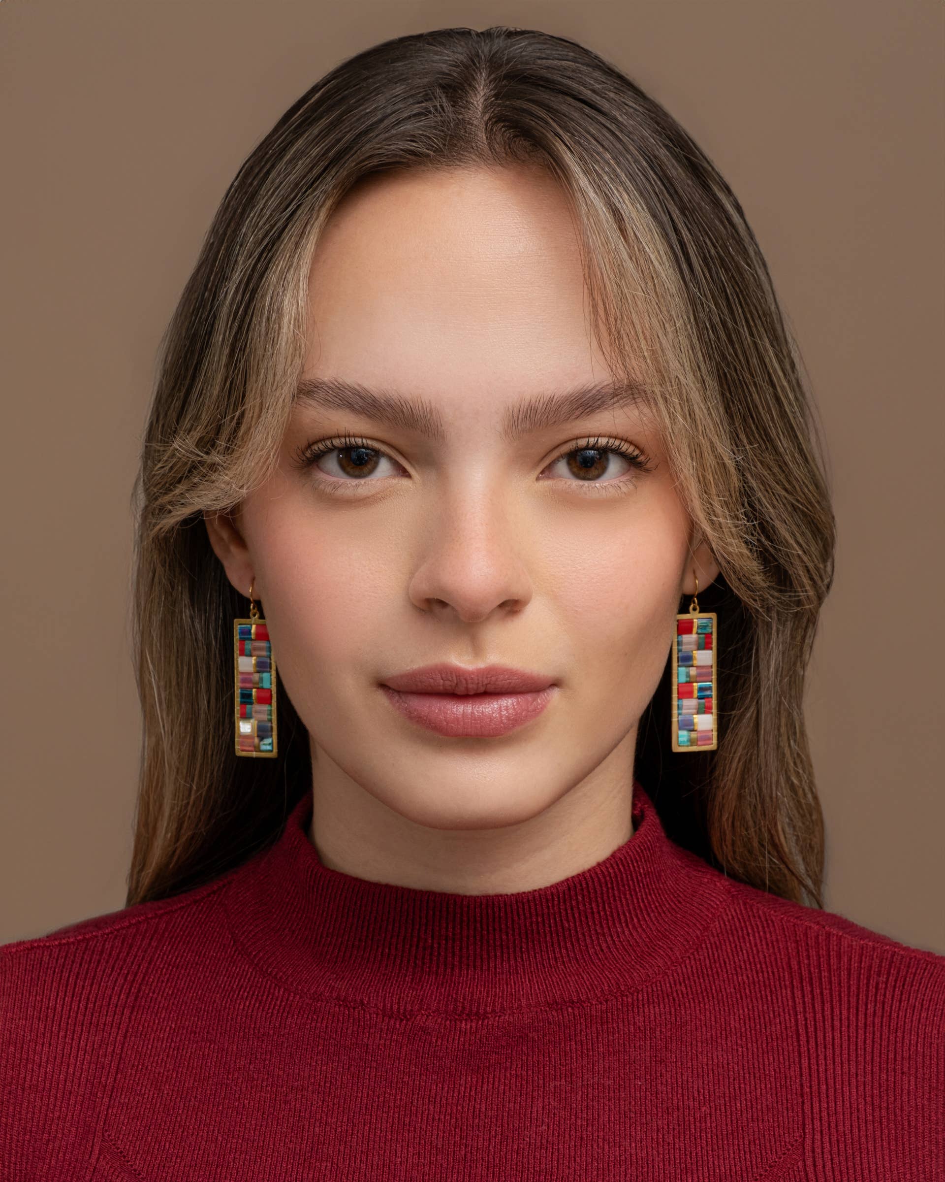 Beaded Handwoven Mosaic Tila and Brass Earrings (Aqua/Red)