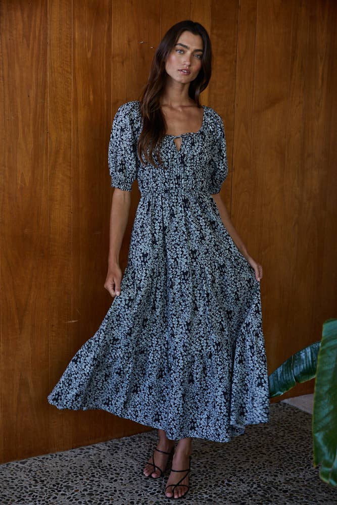Woven Cotton Floral Print Square Flare Long Dress