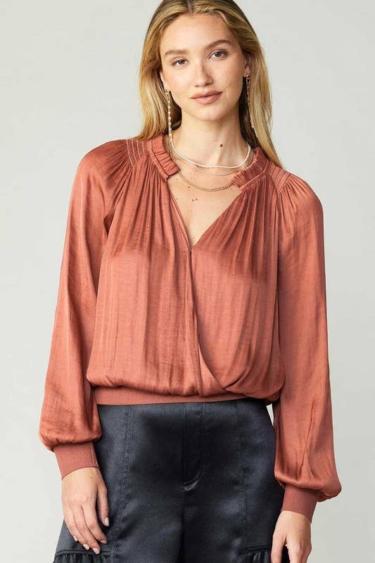 Ruffled Surplice Top W/rib Hem