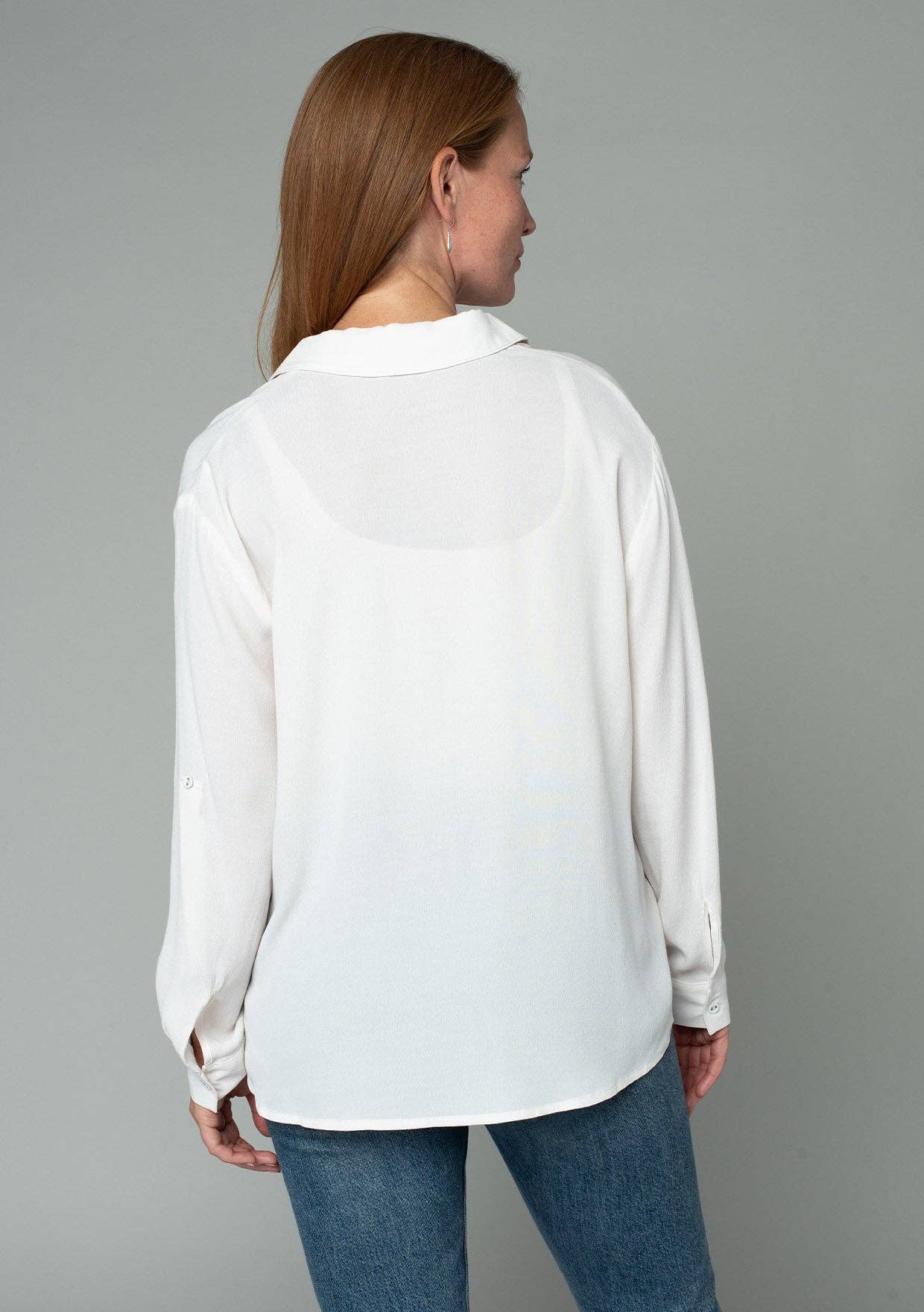 Collared Roll-Up Long Sleeve Button Front Blouse