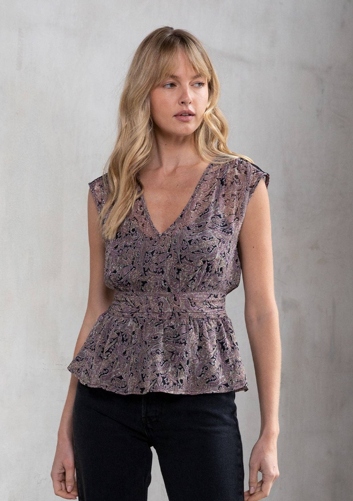 Sheer Paisley Print Cap Sleeve Peplum Blouse