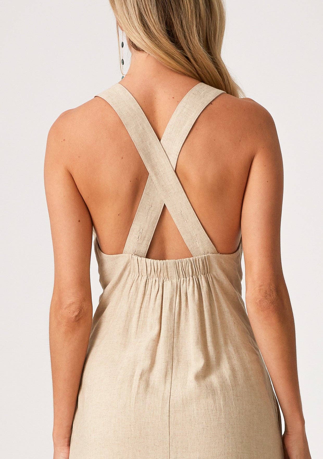 Linen Blend Sleeveless V Neck Midi Dress