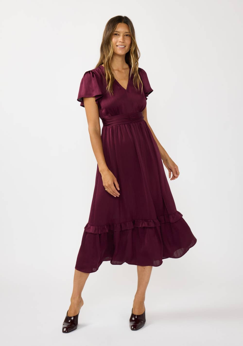 Flutter Sleeve V-Neck Midi Dress