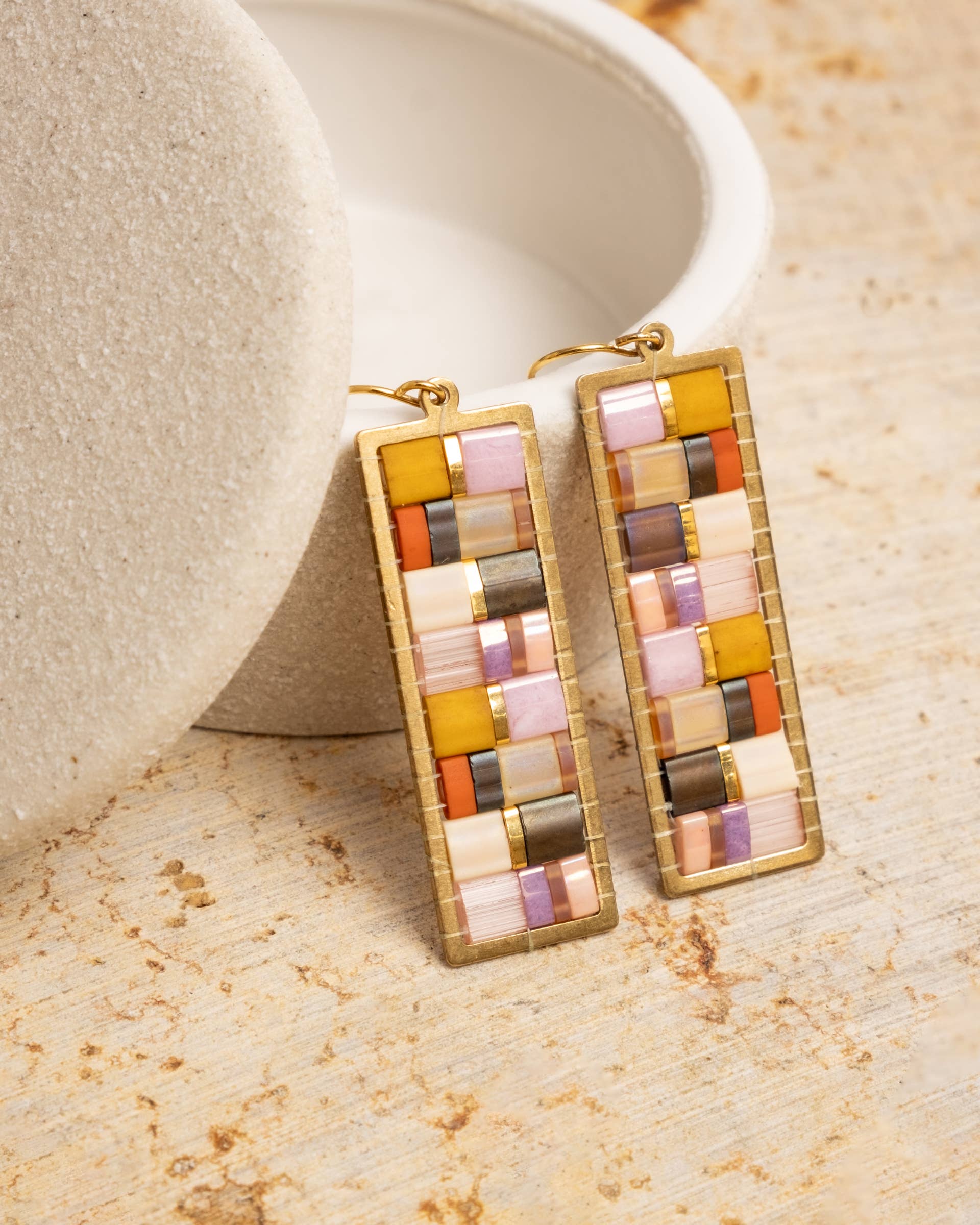 Beaded Handwoven Mosaic Tila and Brass Earrings (Lilac)