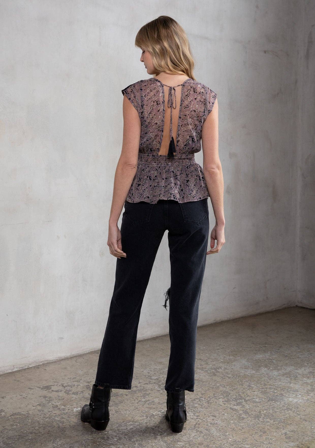Sheer Paisley Print Cap Sleeve Peplum Blouse