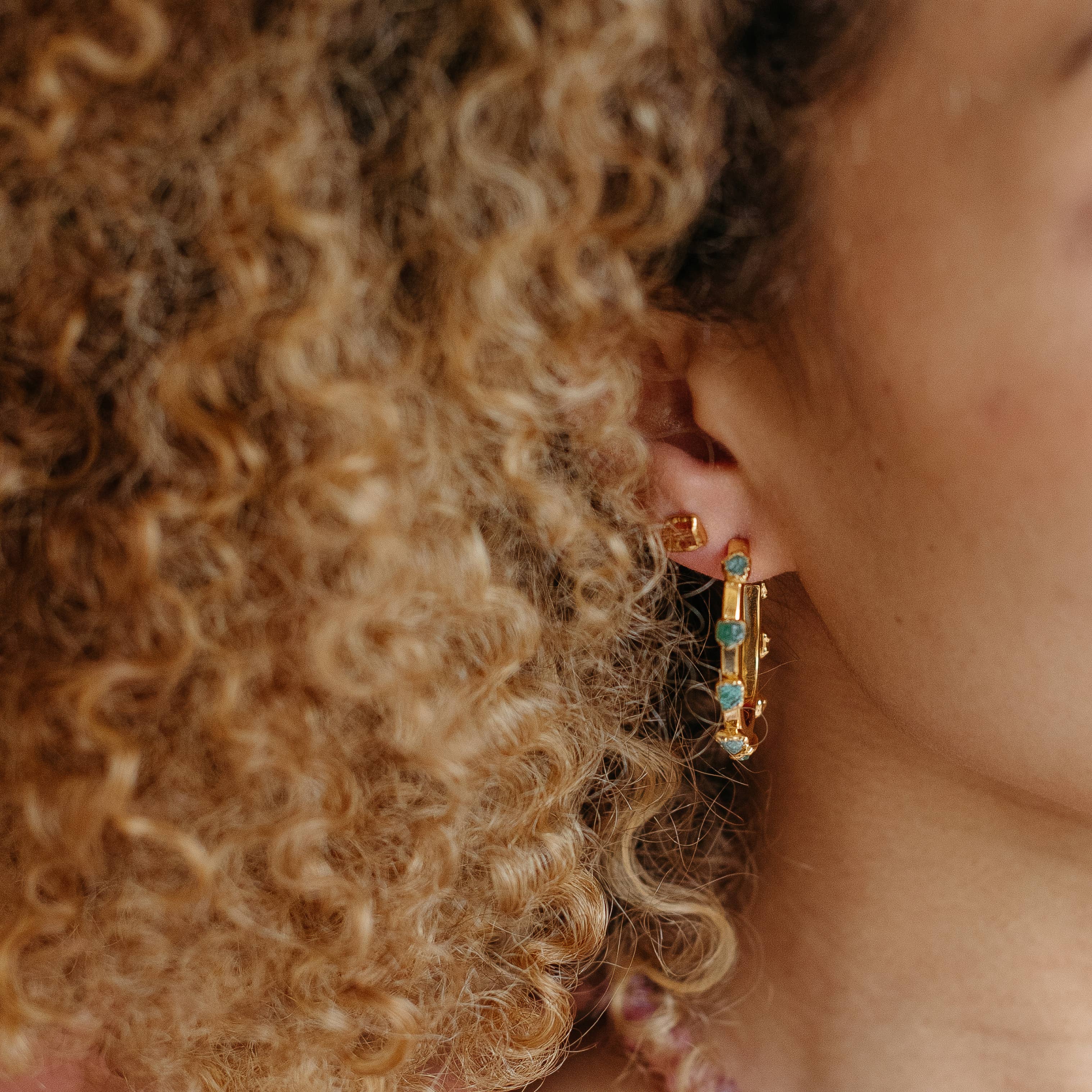 Emerald Gemstone Hoops, Raw Emerald Earrings