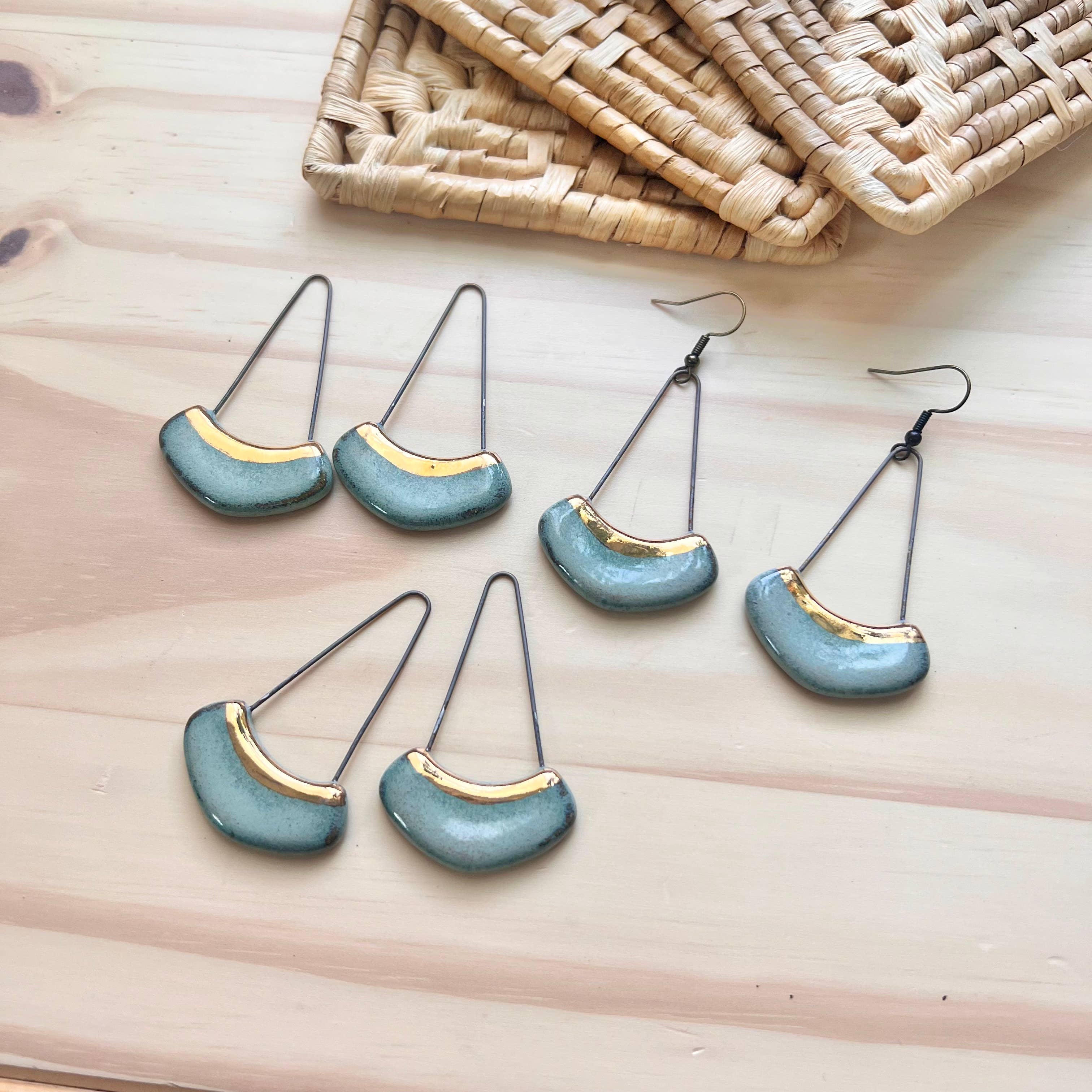Turquoise Collar Ceramic Earrings with Gold Line