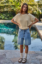 Knit Sweater Cotton Round Neck Short Sleeve Pullover