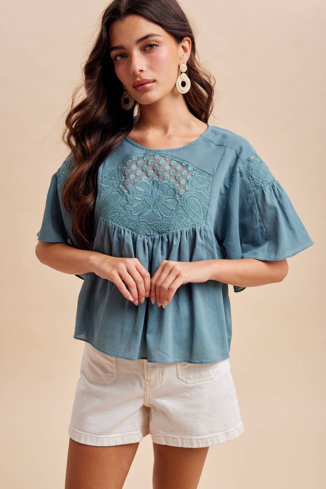 COTTON EMBROIDERED FLUTTER SLEEVE TOP