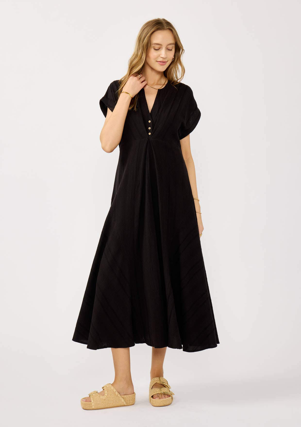 Pleated Panel Button Front Midi Dress