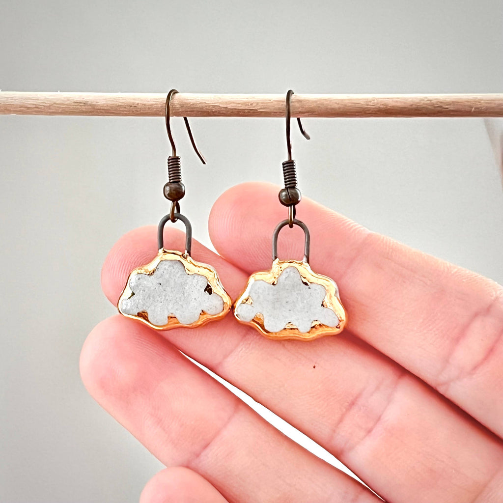 White Mini Cloud Gold Lining Ceramic Earrings