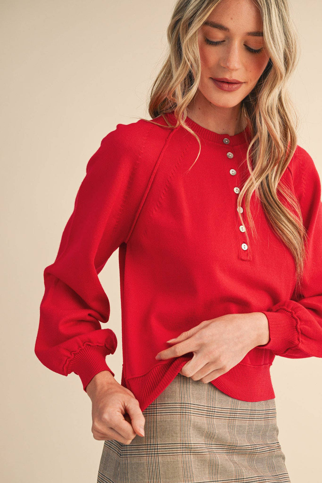 Puff Sleeve Henley Shell Button Sweater
