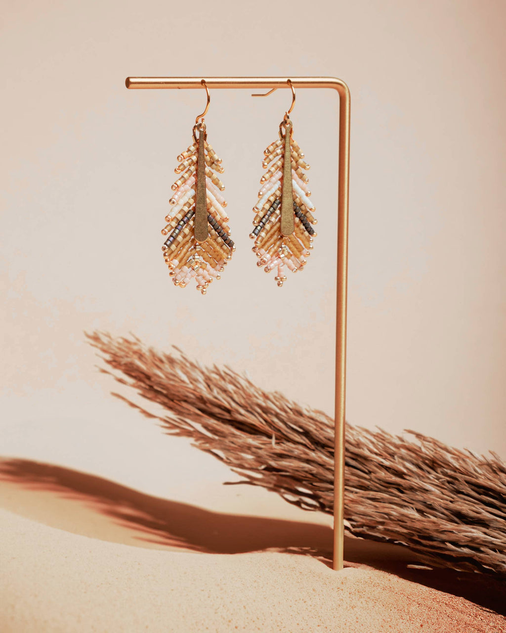 Beaded Handwoven Gilded Feather Earrings (Peach/Tan)