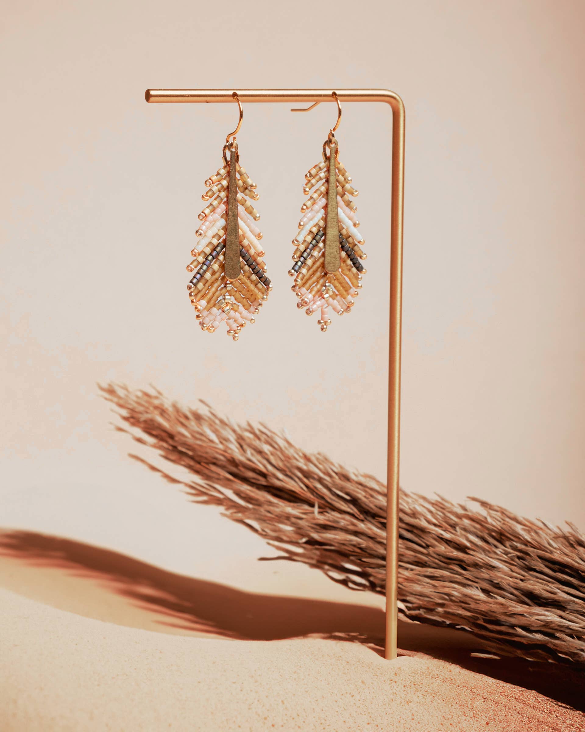 Beaded Handwoven Gilded Feather Earrings (Peach/Tan)