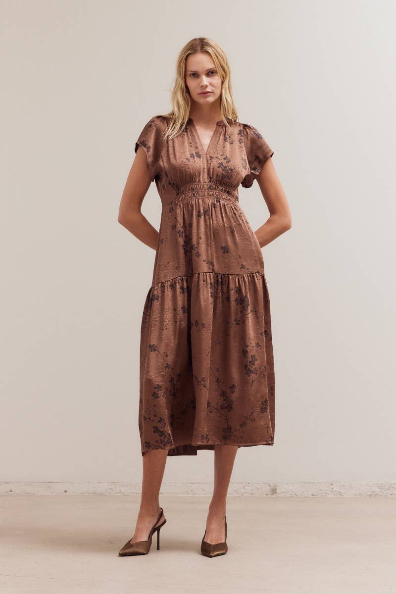 PRINTED RUFFLE MIDI DRESS