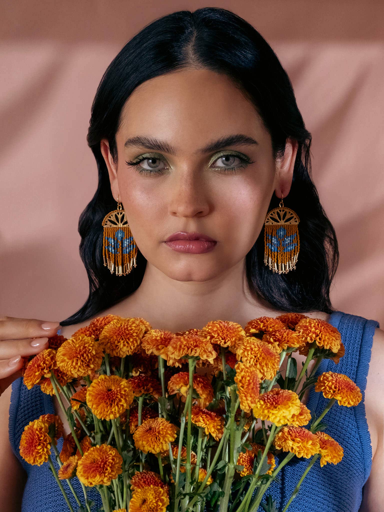 Beaded Handwoven Lotus Fringe Earrings (Green)
