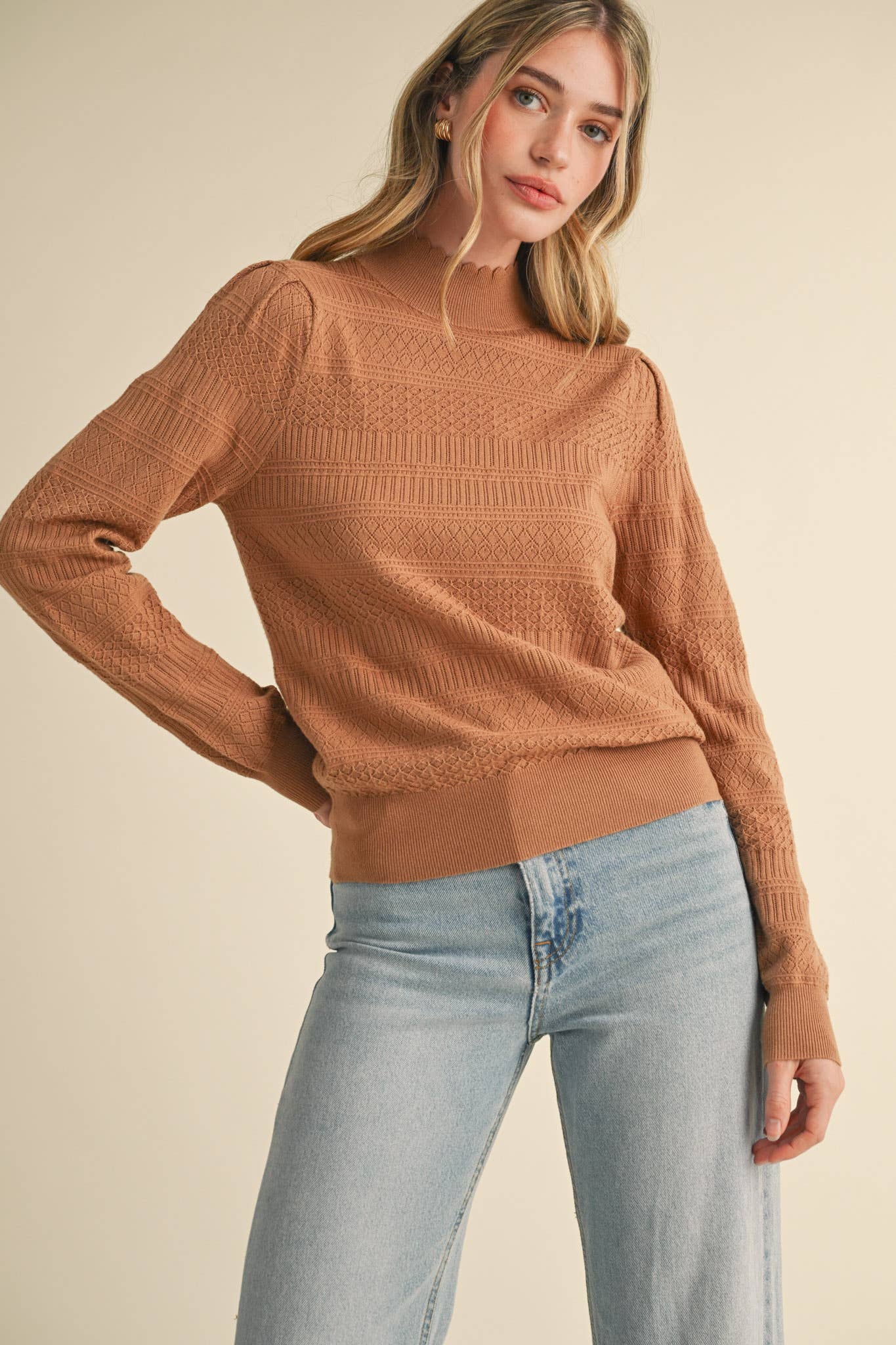 Lightweight Pointelle Mock Neck Sweater