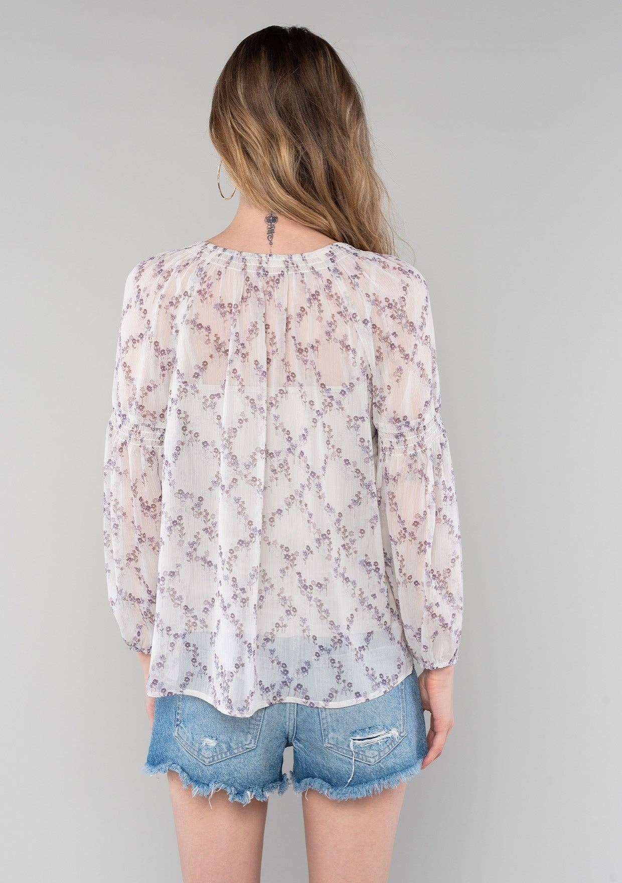Floral Smocked Raglan Bishop Sleeve Blouse