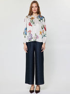 Floral Printed Ruffled Neck Long Sleeve Blouse