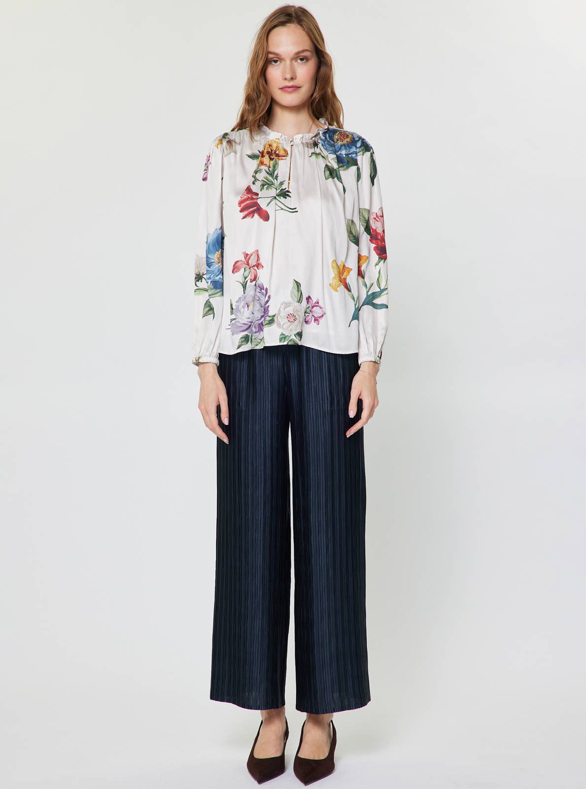 Floral Printed Ruffled Neck Long Sleeve Blouse