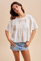 COTTON EMBROIDERED FLUTTER SLEEVE TOP