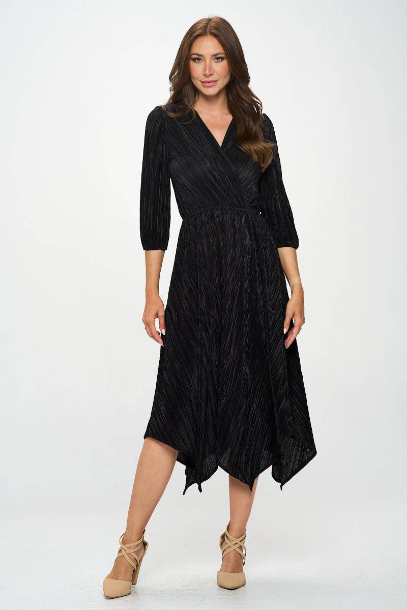 Plisse V neck Dress with Asymmetrical Hem
