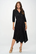 Plisse V neck Dress with Asymmetrical Hem