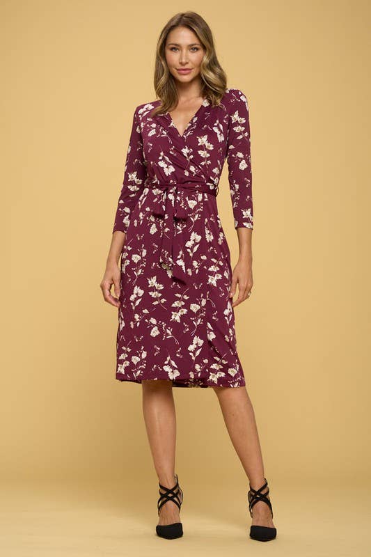 Floral Print V neck Jersey Wrap Dress with Tie