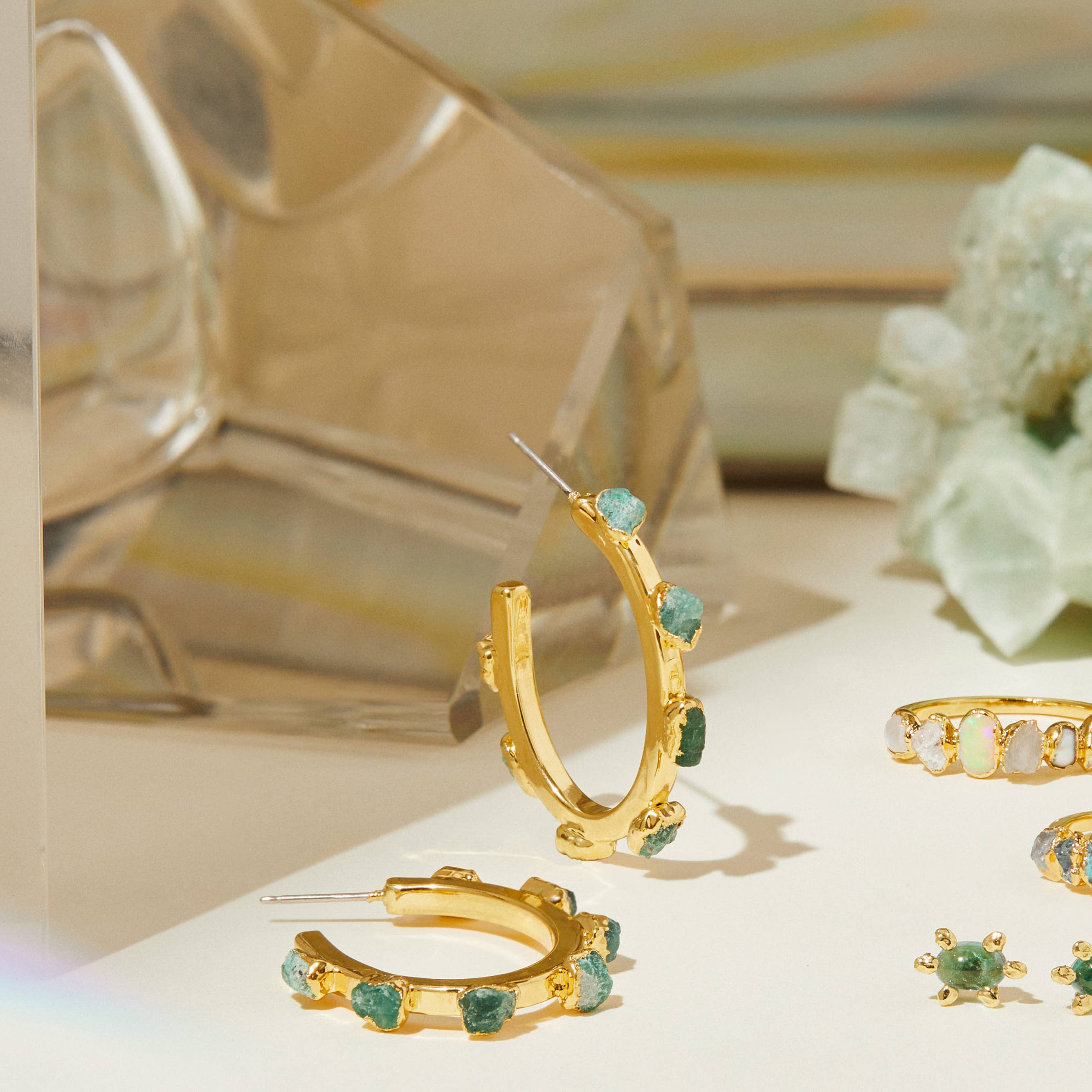 Emerald Gemstone Hoops, Raw Emerald Earrings