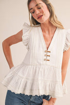 MIXED MEDIA CONTRAST STITCH LACE TRIM TOP