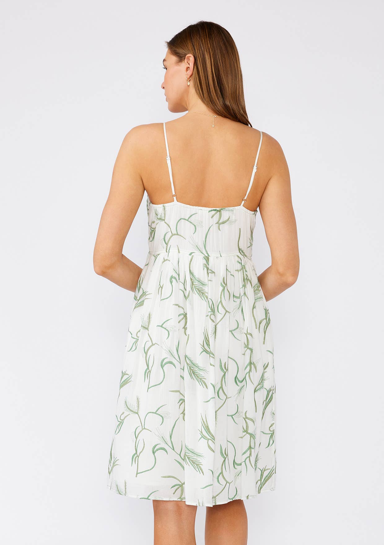 Palm Embroidered Spaghetti Strap White Empire Mini Dress