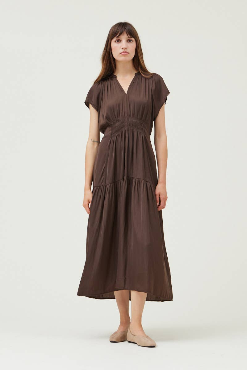 RUFFLE SATIN MIDI DRESS
