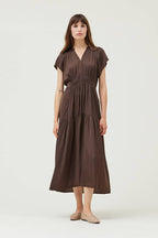 RUFFLE SATIN MIDI DRESS