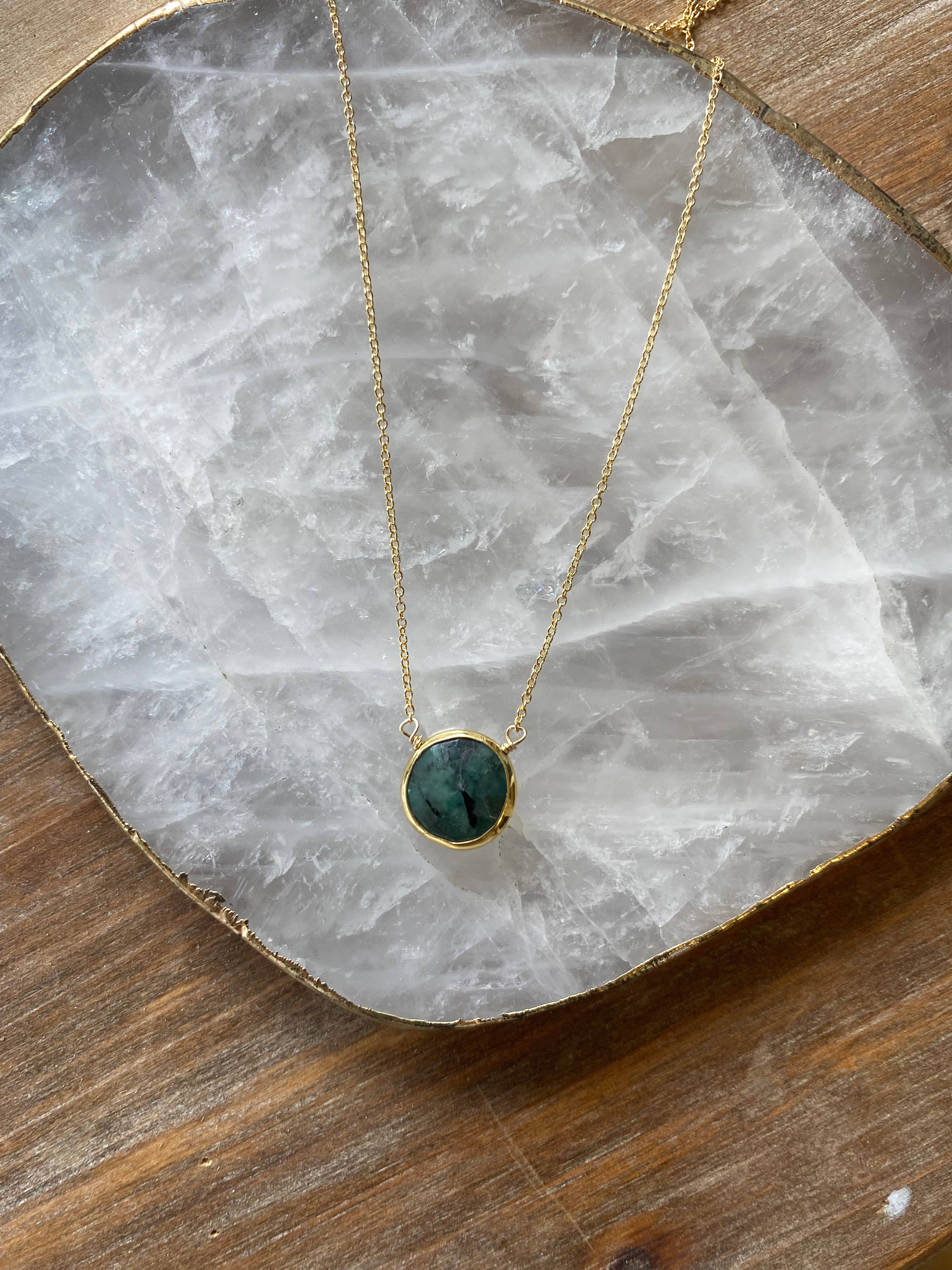 Raw Emerald Circle Bezel Necklace