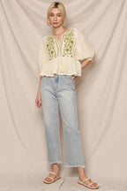 Puff Sleeve Peplum Top with Embroidery Detail