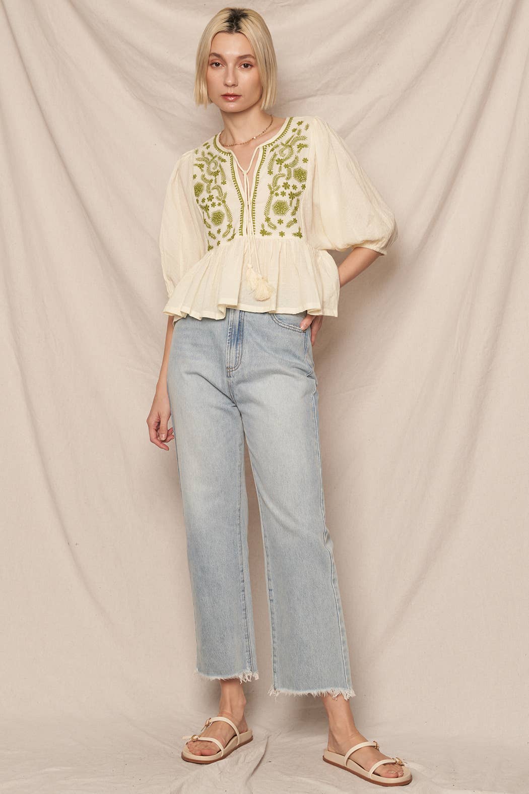 Puff Sleeve Peplum Top with Embroidery Detail