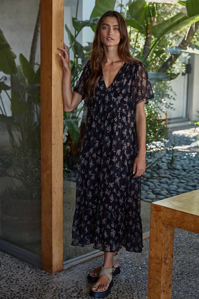 Woven Polyester Floral Print Midi Dress