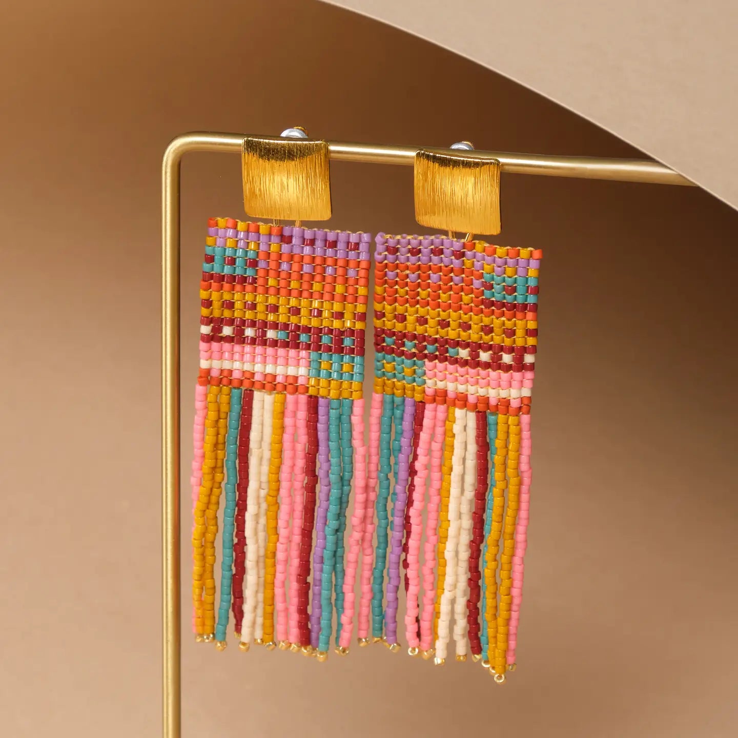 Beaded Handwoven Striped Knit Fringe Earrings (Warmed Earth)
