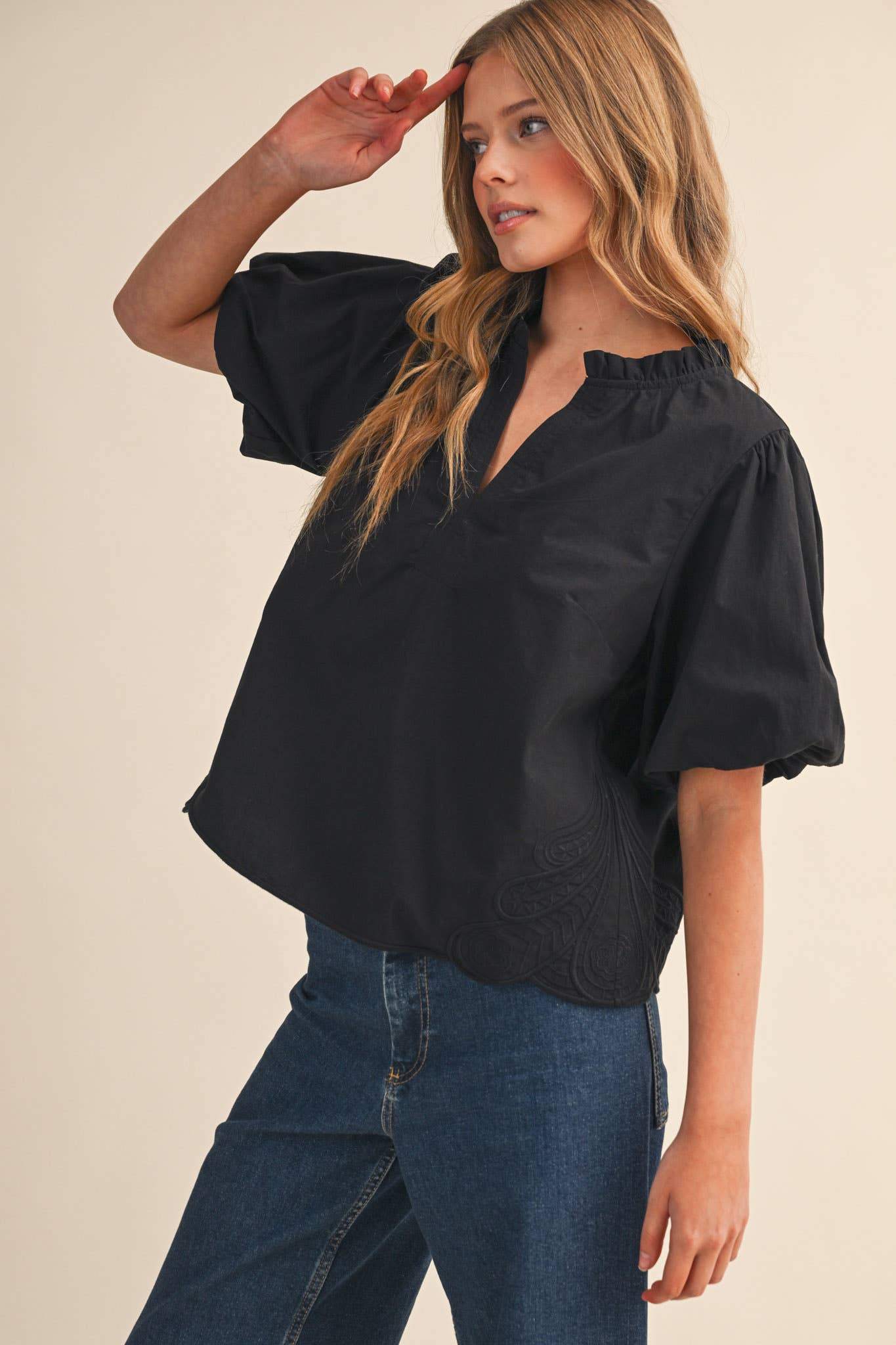 Bubble Sleeve Top With Side Embroidery