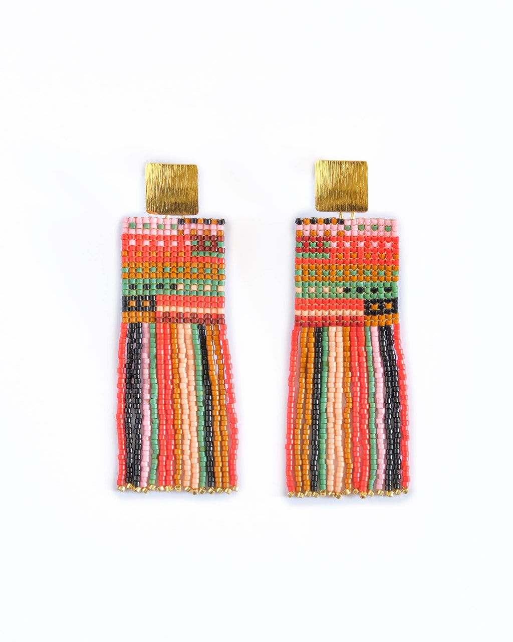 Beaded Handwoven Striped Knit Fringe Earrings (Sweet Escape)