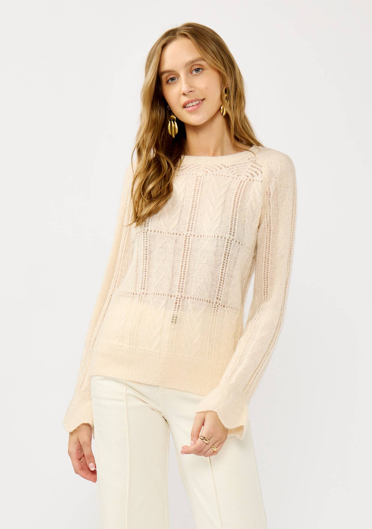 Ribbed Neck Fuzzy Crew Sweater