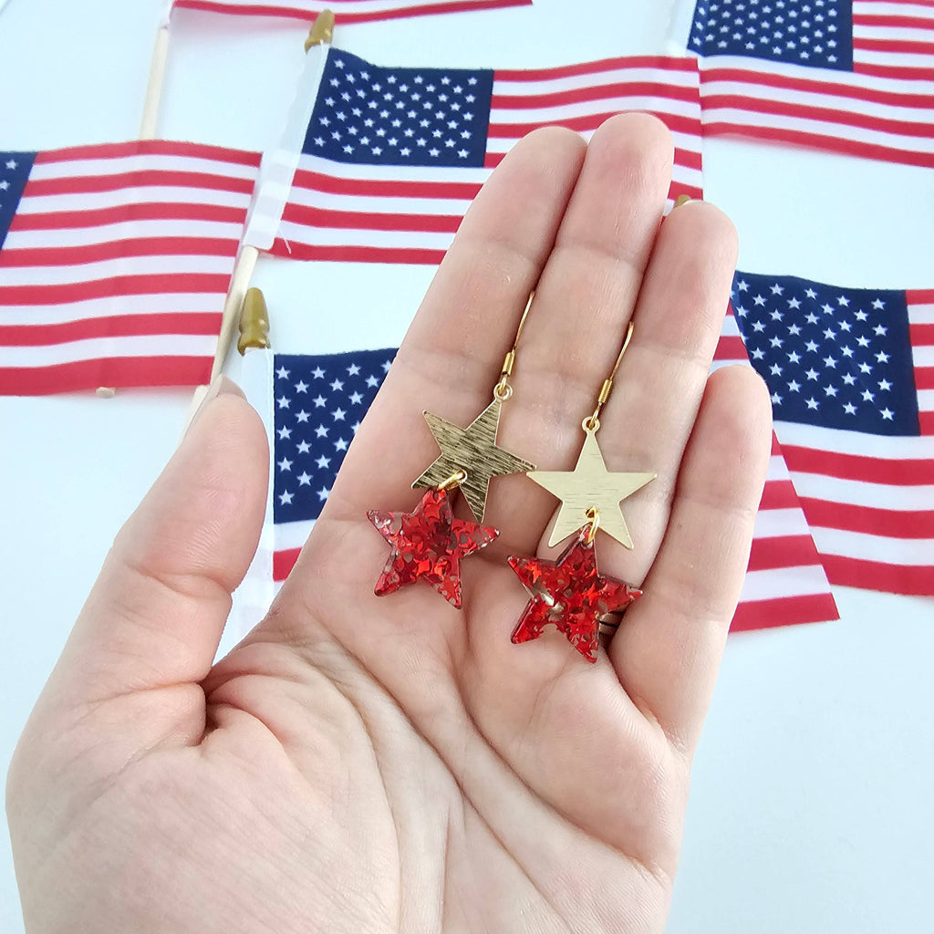 Starry Earrings - Red Glitter